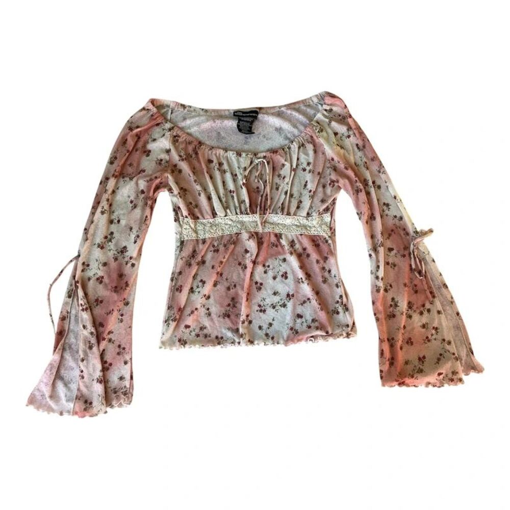 Vintage 90s Y2K No Boundaries Pink Floral Mesh Flare Sleeve Lace Waist Womens M